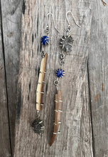Load image into Gallery viewer, Asymmetrical long earrings made with lapis gemstones, wooly mammoth tusk and ammonites set in sterling silver.
