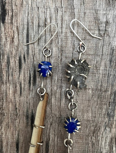 Asymmetrical Ling Earrings; Lapis, Woolly Mammoth, and Ammonite - Taylor Made Silver