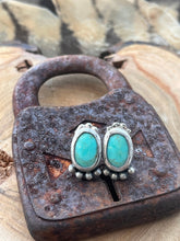 Load image into Gallery viewer, Oval blue green turquoise cabochons set in sterling silver accented with silver balls,  The posts on these stud earrings are sterling silver and the ear nuts are sterling silver.  These stud earrings are handmade by Taylor Made Silver.
