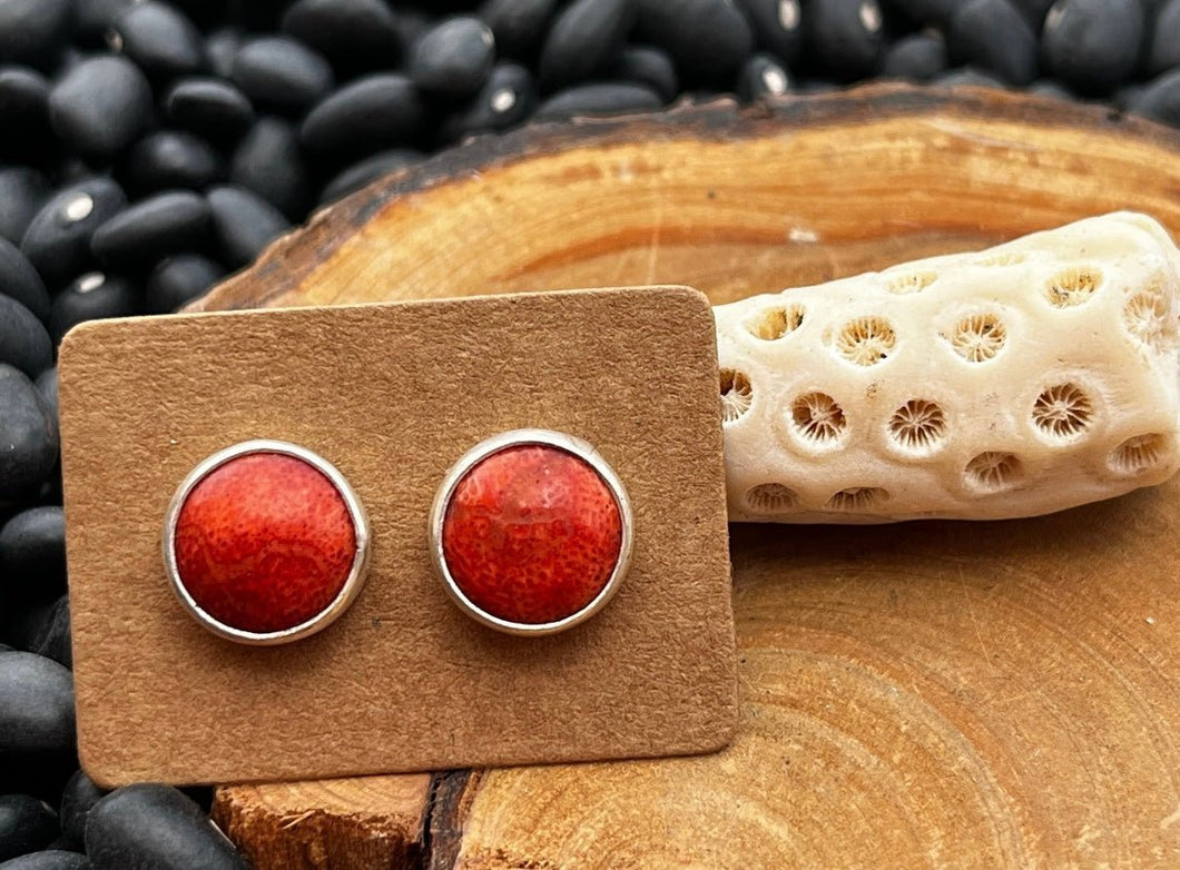 Stud earrings, round red orange Sponge Coral set in sterling silver.