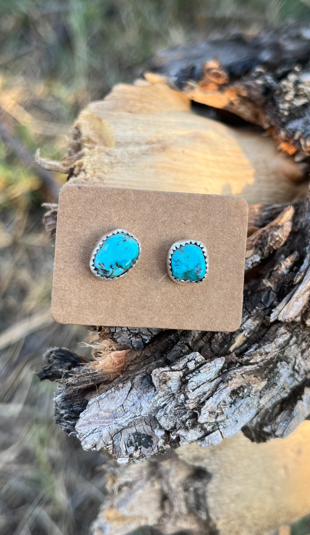 Kingman Turquoise asymmetrical stones set in sterling silver with silver posts and ear nuts, handmade by Taylor Made Silver.