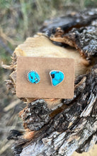 Load image into Gallery viewer, Asymmetrical Kingman Turquoise nuggets set in sterling silver with silver posts and ear nuts, handmade by Taylor Made Silver.
