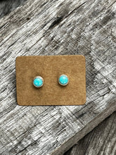 Load image into Gallery viewer, Minimalist Round turquoise set in sterling silver with silver ear nuts.
